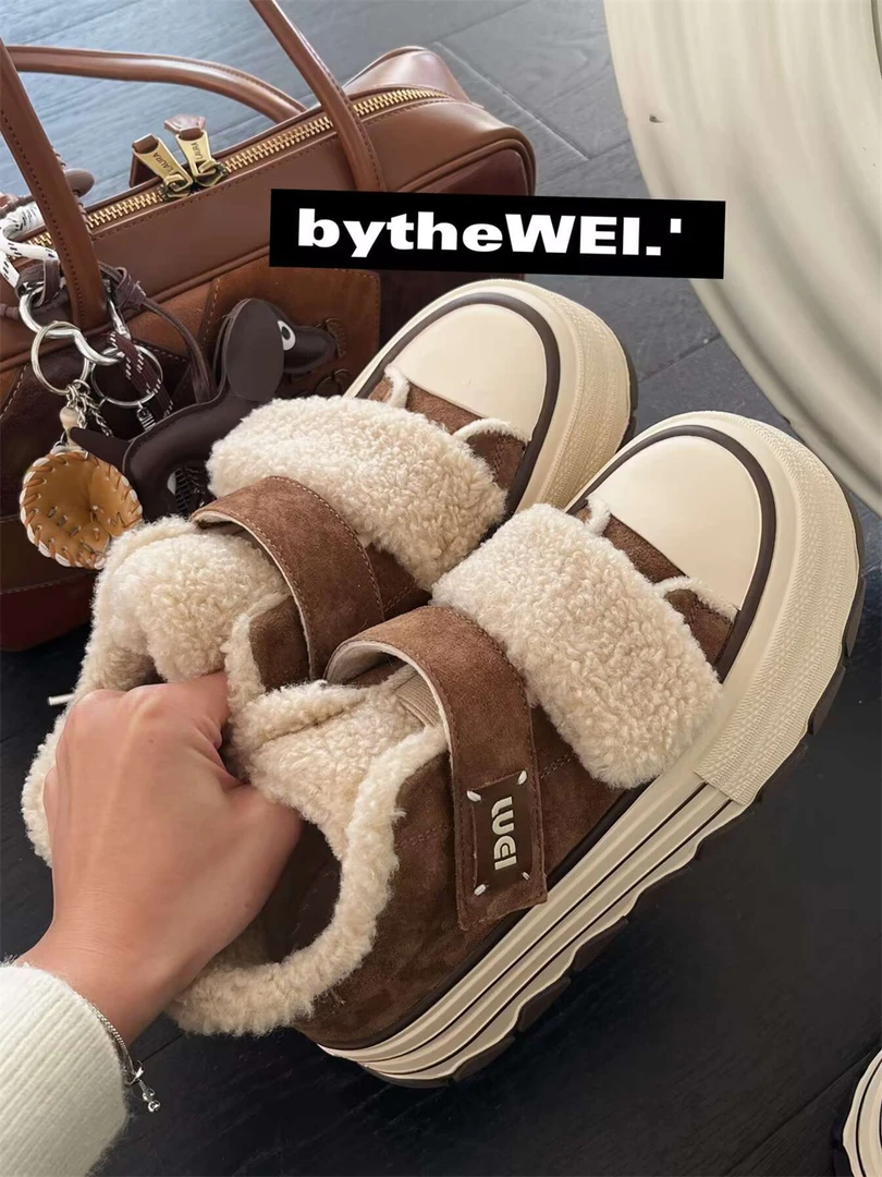 bytheWEI自制【布朗可可】欧货欧洲站魔术贴加绒棉鞋真皮女0318-03