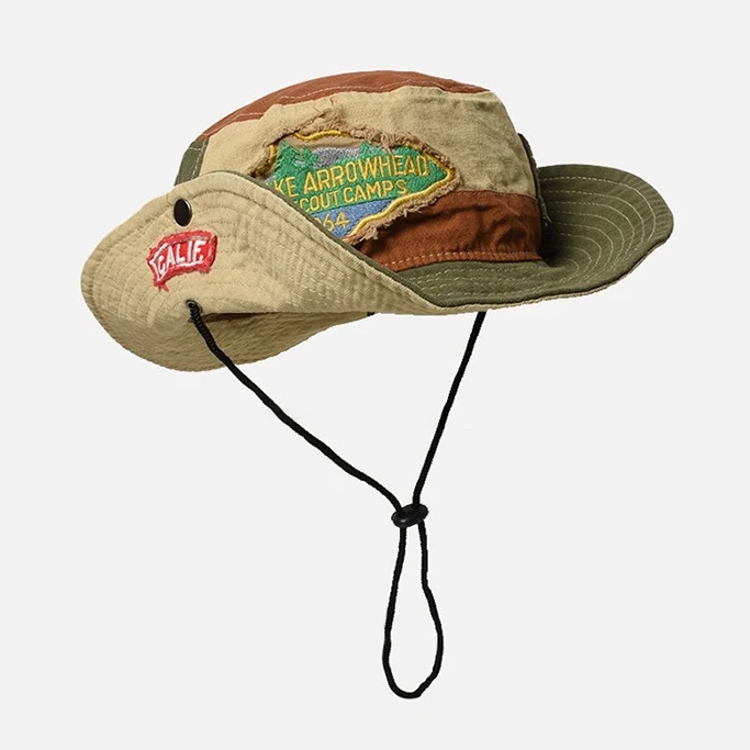 个性渔夫帽子男女复古补丁贴布街头潮牌登山帽户外露营西部牛仔帽