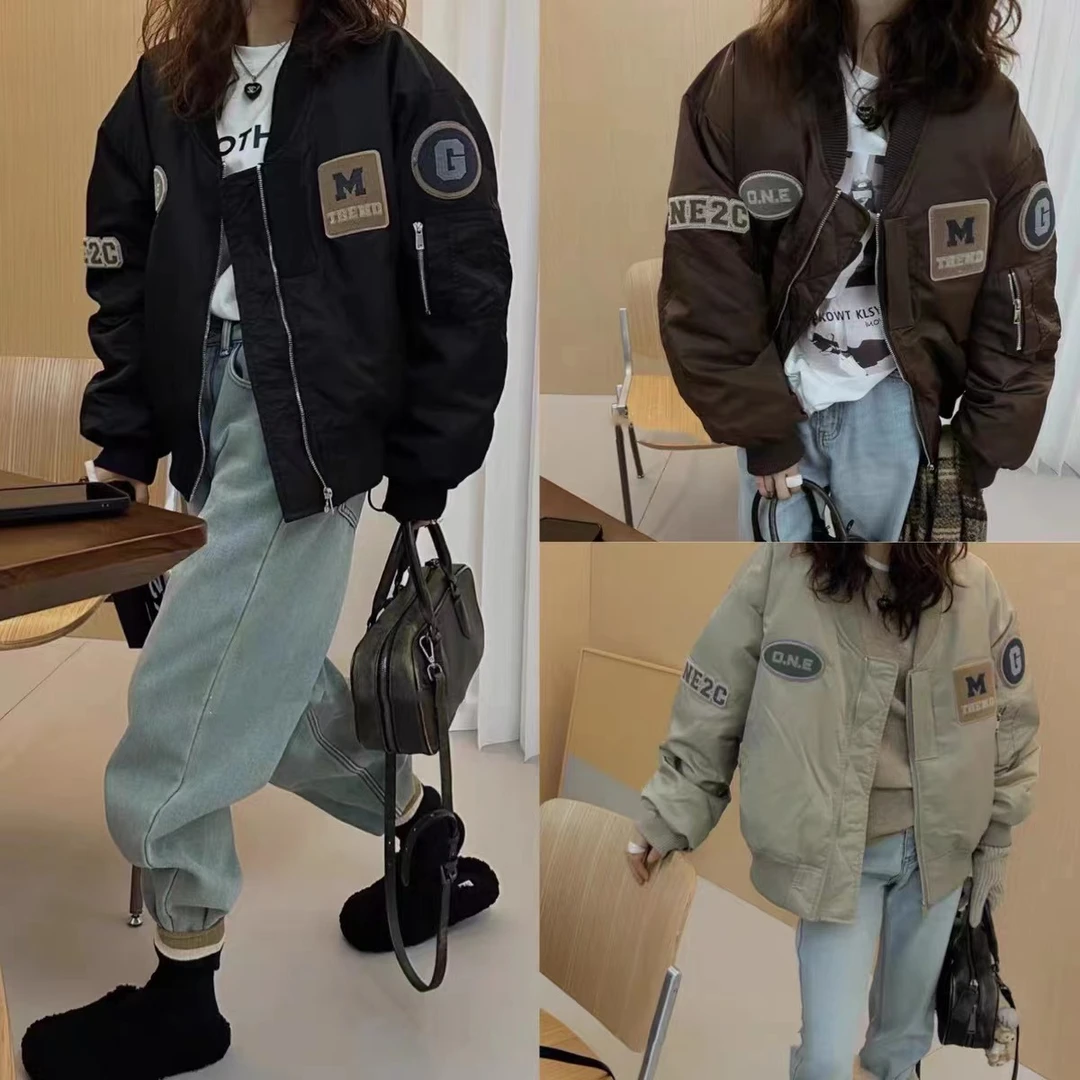 韩代新款冬季加厚棒球服宽松休闲贴标夹克外套