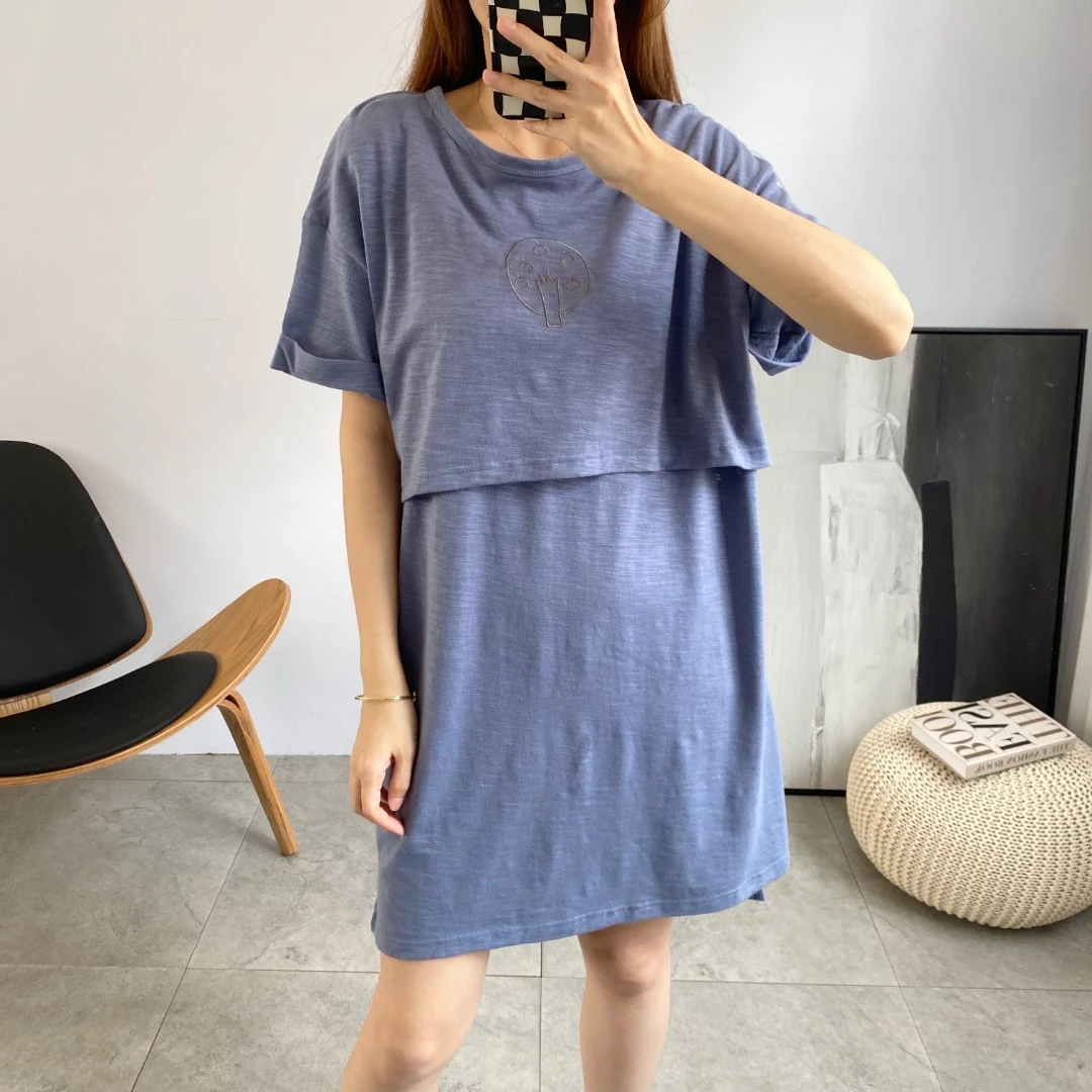 哺乳睡裙夏季薄款哺乳期连衣裙孕妇喂奶半袖裙纯棉睡衣夏大码月子