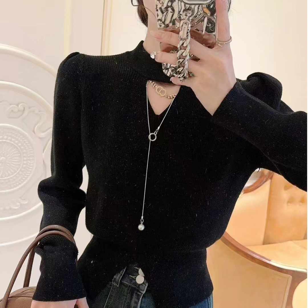 女装冬款小个子短款设计感链条收腰纯色泡泡袖针织毛衣