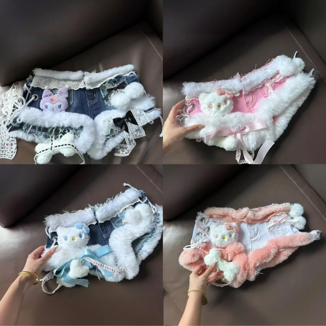 辣妹手作款毛边超短牛仔短裤蕾丝拼接复古可爱个性潮流日系卡通