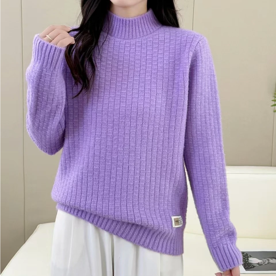 2024冬装新品女装纯色加厚毛衣时尚休闲百搭半高领套头针织衫长袖