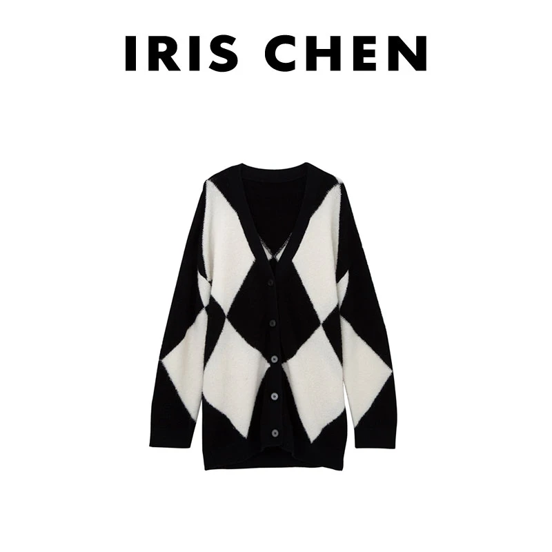 现货IRIS CHEN 奶牛开衫 2024秋冬绵羊毛菱格百搭针织外套24SY183