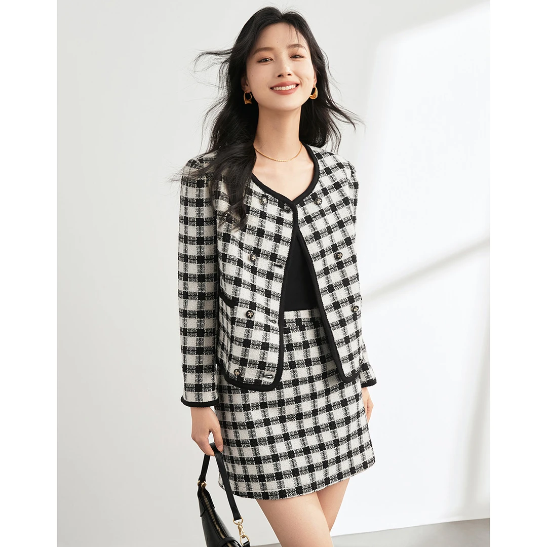 沫晗依美【奥莱】小香风格纹半裙套装2025春季精致质感百搭女两件套