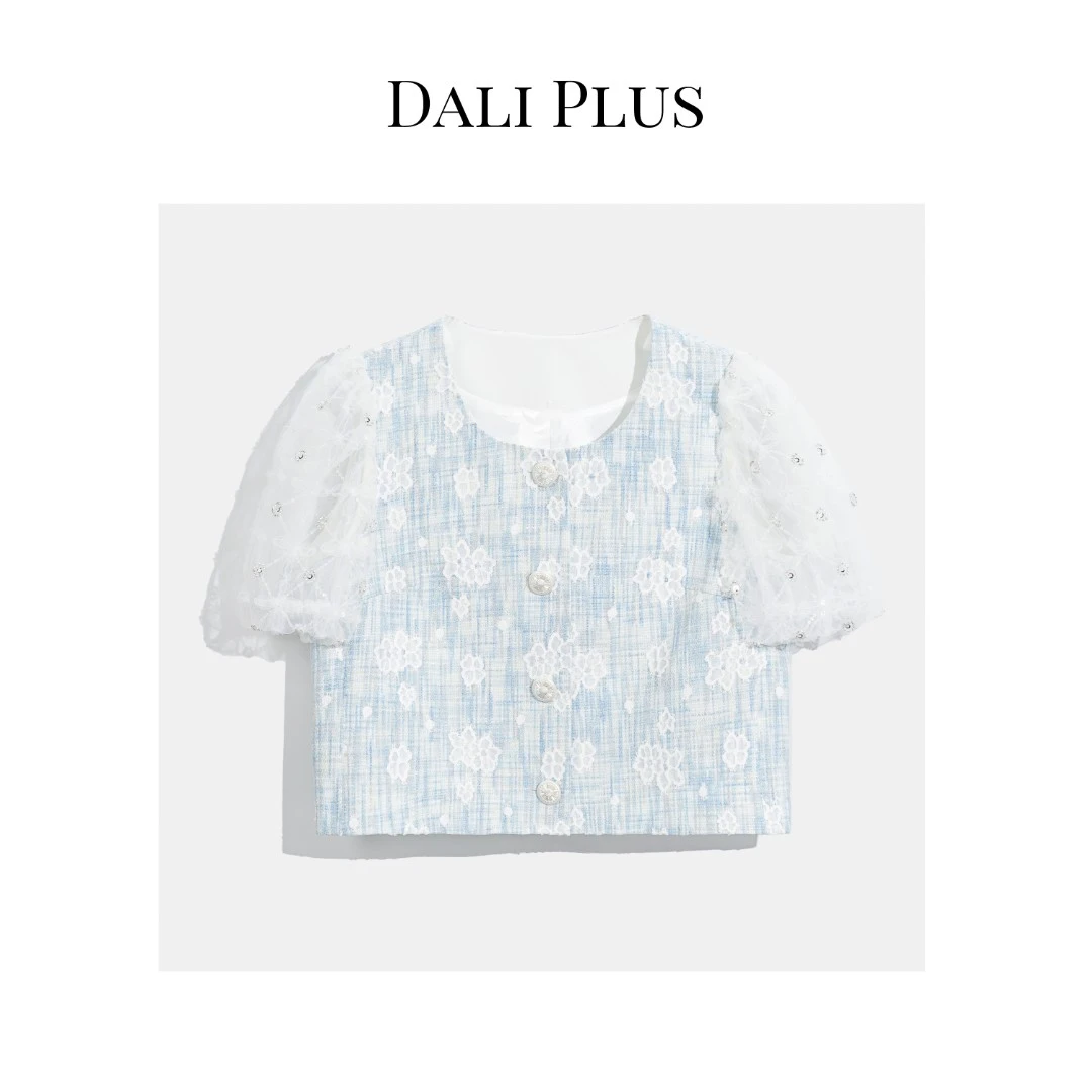 DALI PLUS夏季时尚气质纱网袖 镶钻小香风短袖上衣女外套-TY23101