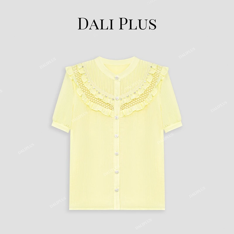 DALI PLUS高克重天丝小鸡黄色轻奢镶钻花边设计短袖衬衫-D4SS0098