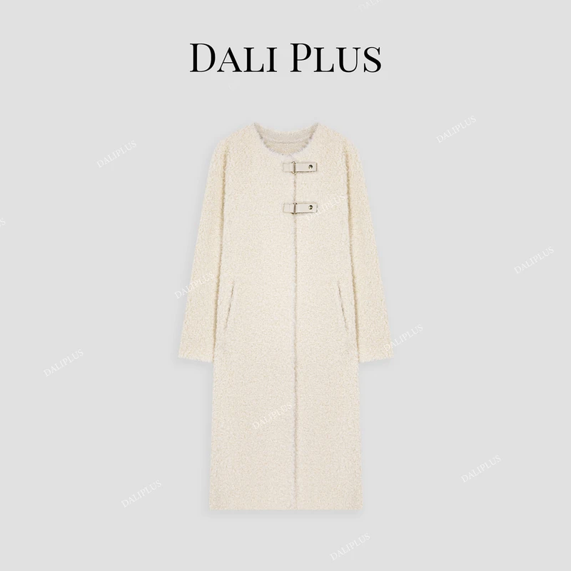 DALI PLUS软软保暖皮畔设计圆领长款雪呢绒大衣-D4YW0144