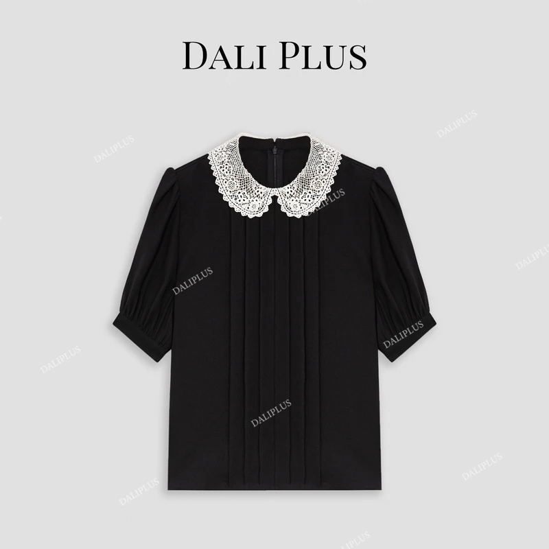 DALI PLUS高克重醋酸黑白撞色蕾丝翻领小香风短袖衬衫-D4XY0121