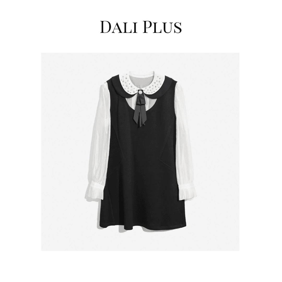 DALI PLUS气质法式优雅黑白撞色减龄双层领拼接设计连衣裙W23X081