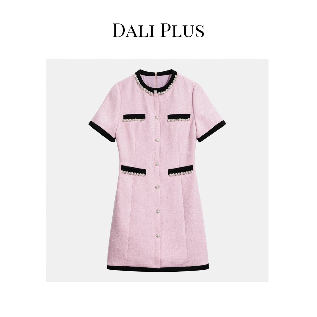 DALI PLUS紫风铃 高级气质轻奢钻带撞色小香风连衣裙-23420705