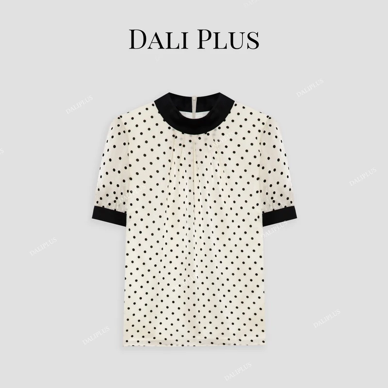 DALI PLUS法式优雅香槟金波点撞色立领飘带短袖气质衬衫-D4ST0032