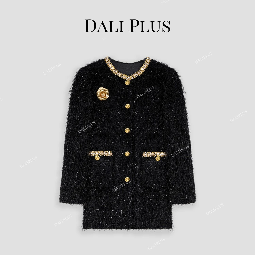 DALI PLUS重奢金玫瑰胸花拉毛小香风鹅绒服法式羽绒服-D4XY0335