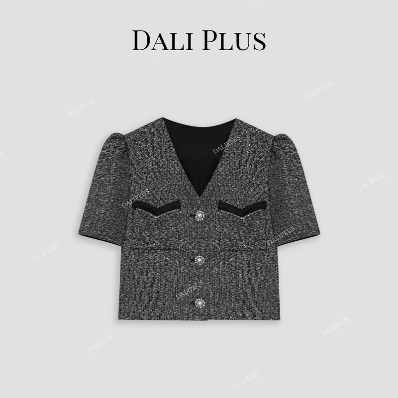 DALI PLUS法式重工精奢高级深灰色拼接醋酸小香风外套-D4BL0110