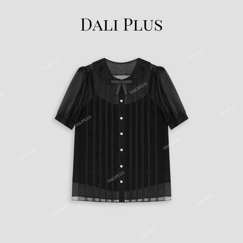 DALI PLUS100%桑蚕丝两件套蕾丝竖条纹镂空黑色短袖衬衫-D4ST0049