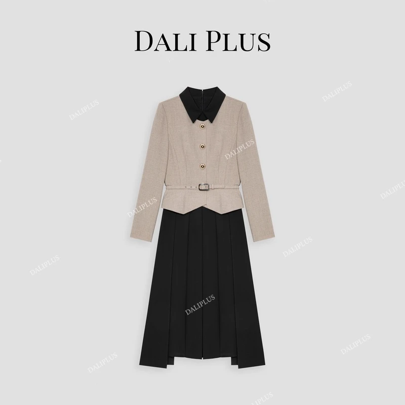 DALI PLUS高端气质撞色假两件上衣拼接设计连衣裙-D4SZ0107