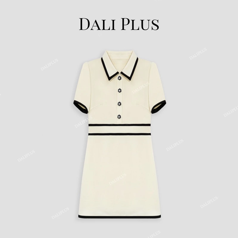 DALI PLUS法式醋酸麻肌理暖白撞色黑边小香风气质连衣裙-D4BL0100