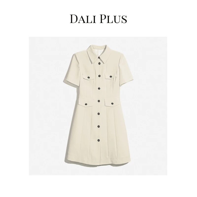 DALI PLUS高档线 高级感千金米色单排扣翻领小香风连衣裙-F235113