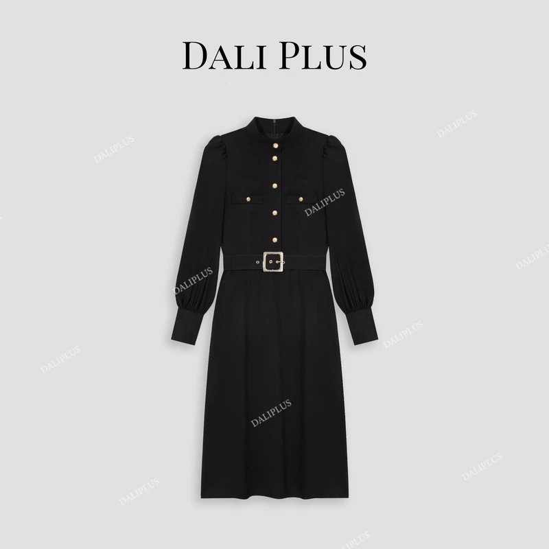 DALI PLUS高级感气质黑色腰带束腰长袖衬衫连衣裙-D4ST0163