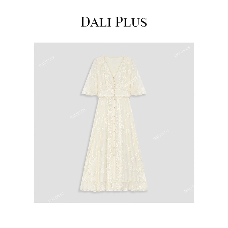 DALI PLUS重磅100%桑蚕丝气质高级感法式珍珠高档连衣裙-D4YY0001