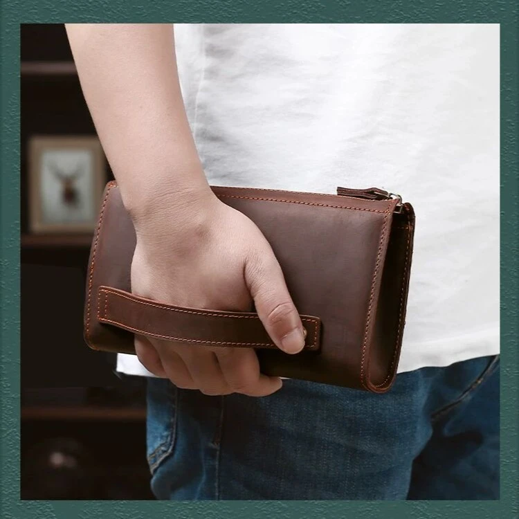 复古男士疯马牛皮手拿包长款简约时尚商务休闲多功能皮钱包欧美