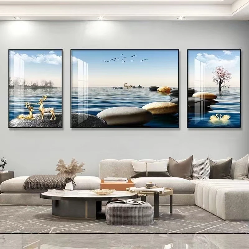 现代简约时来运转客厅装饰画沙发背景墙壁挂画轻奢镶钻晶瓷三联画