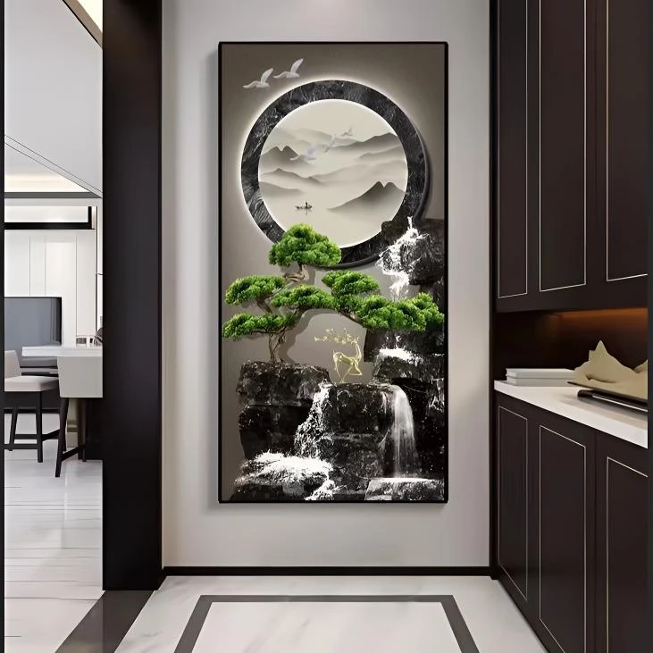 高山流水入户玄关装饰画新中式走廊过道挂画轻奢竖版正对门壁画