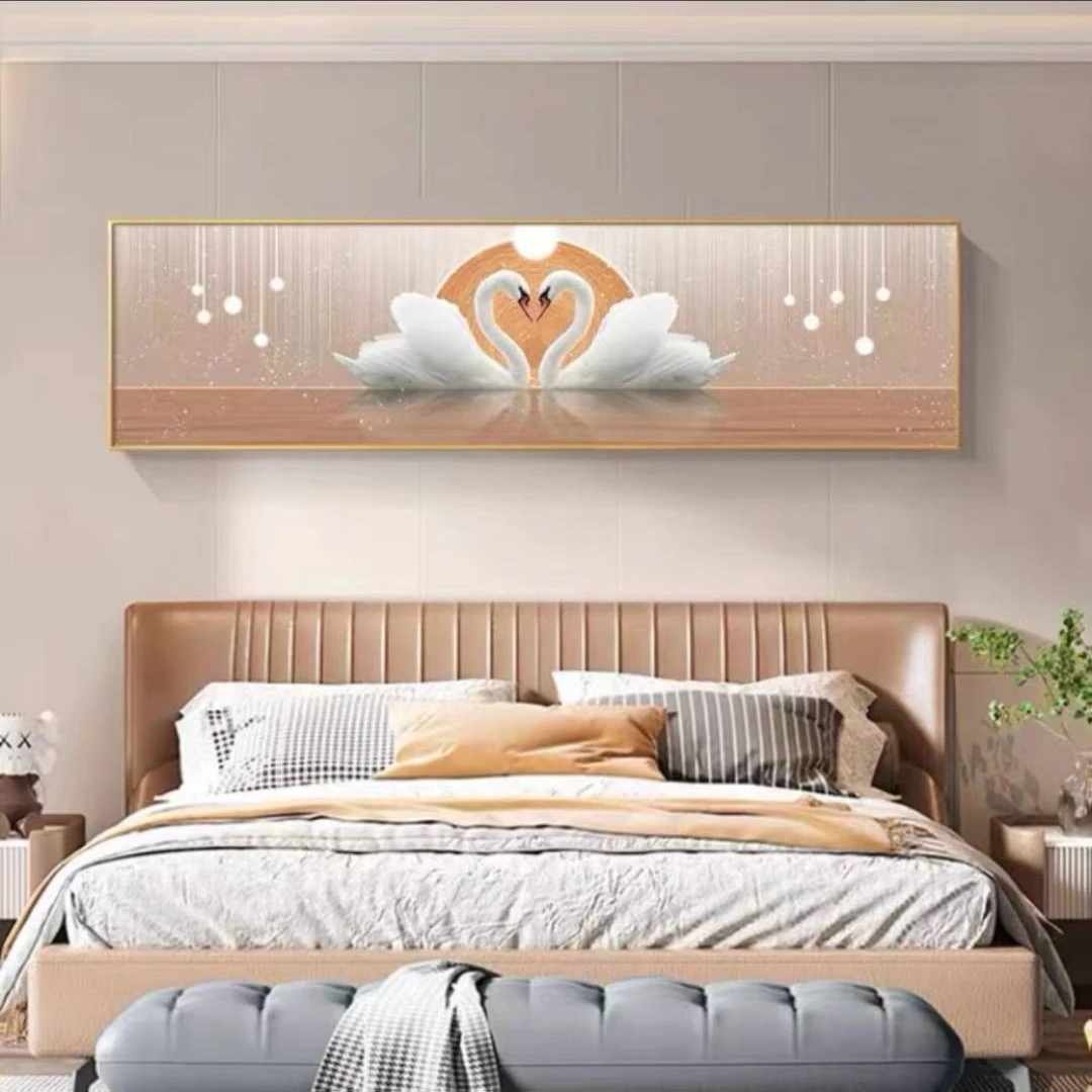 天鹅主卧床头画 单幅横版时尚轻奢简约温馨晶瓷镶钻画 金属画框
