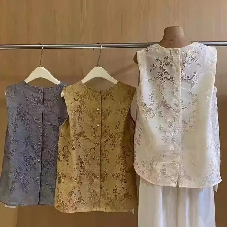 夏季新马甲女网红时尚百搭夏季复古印花圆领提花新中式重磅国风