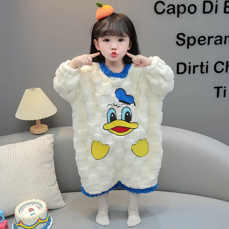 女童睡衣秋冬季法兰绒加厚珊瑚绒卡通鸭儿童家居服女宝宝女孩睡裙