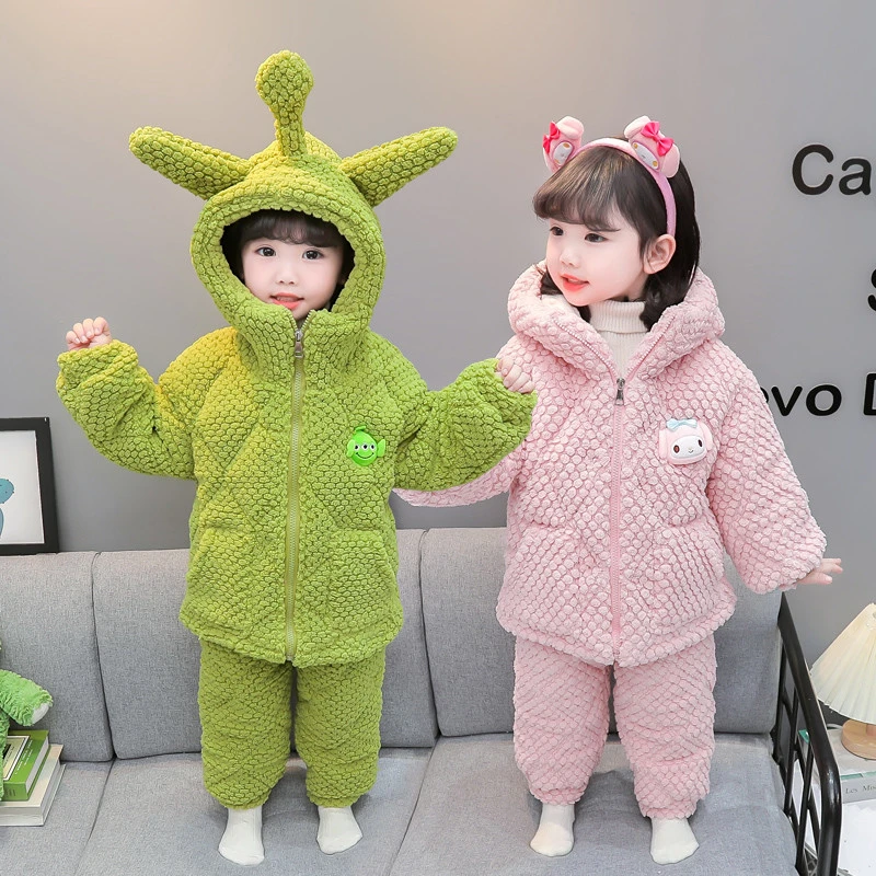 女童三层夹棉分体冬季加厚加绒拉链宝宝家居服套装保暖法兰绒睡衣