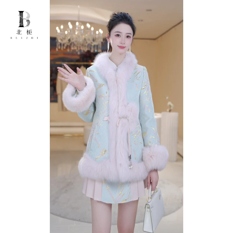 【节节高】竹叶提花国风狐狸毛外套810916