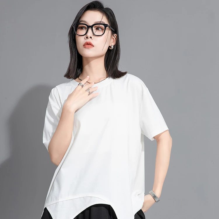 不规则下摆短袖女t恤夏宽松小众设计感显瘦遮肉洋气独特别致上衣