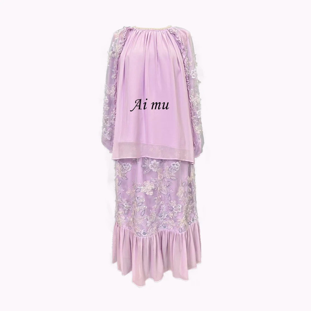 （寓言）桑蚕丝套装裙裙子蕾丝时尚夏季设计师重工甜美荷叶边气质