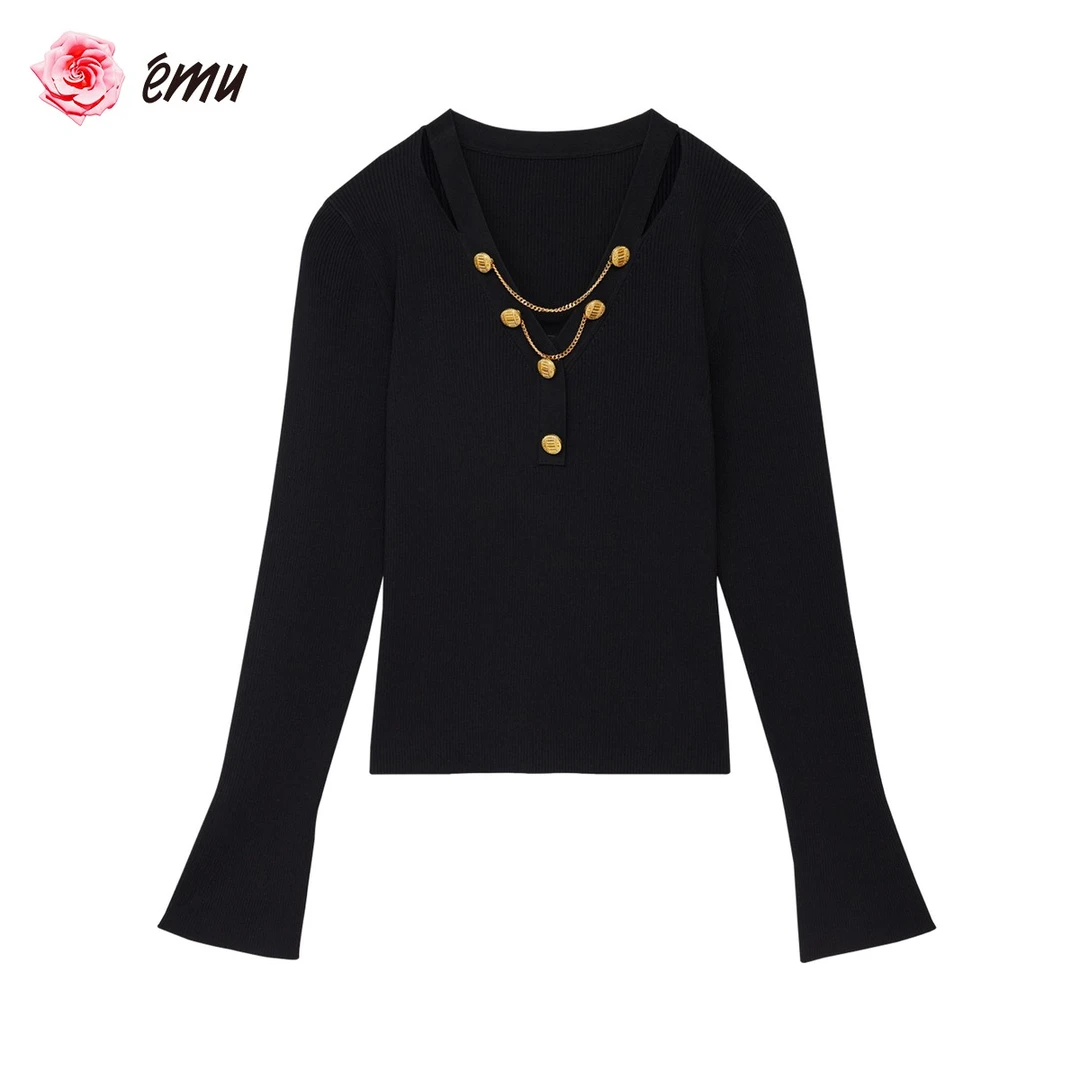 emu/依妙V领长袖金属链条纽扣修身时尚针织套头上衣612420009