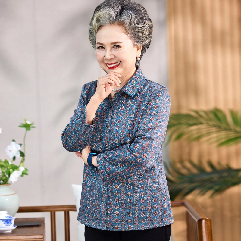 奶奶秋装长袖衬衫中老年妈妈春秋宽松薄外套衬衣老太太婆婆衣服女