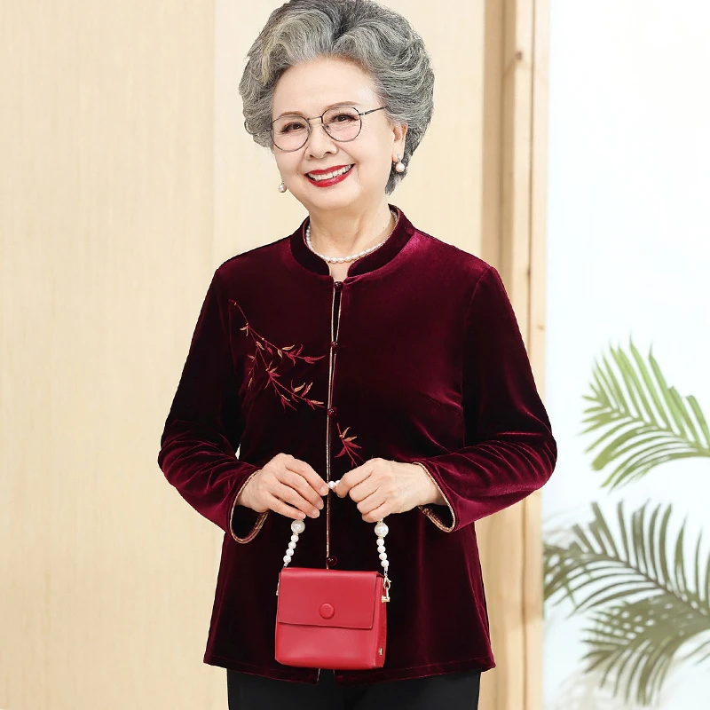 老年妈妈春秋天金丝绒衬衫上衣60岁70奶奶喜庆婚宴衬衣薄外套绣花