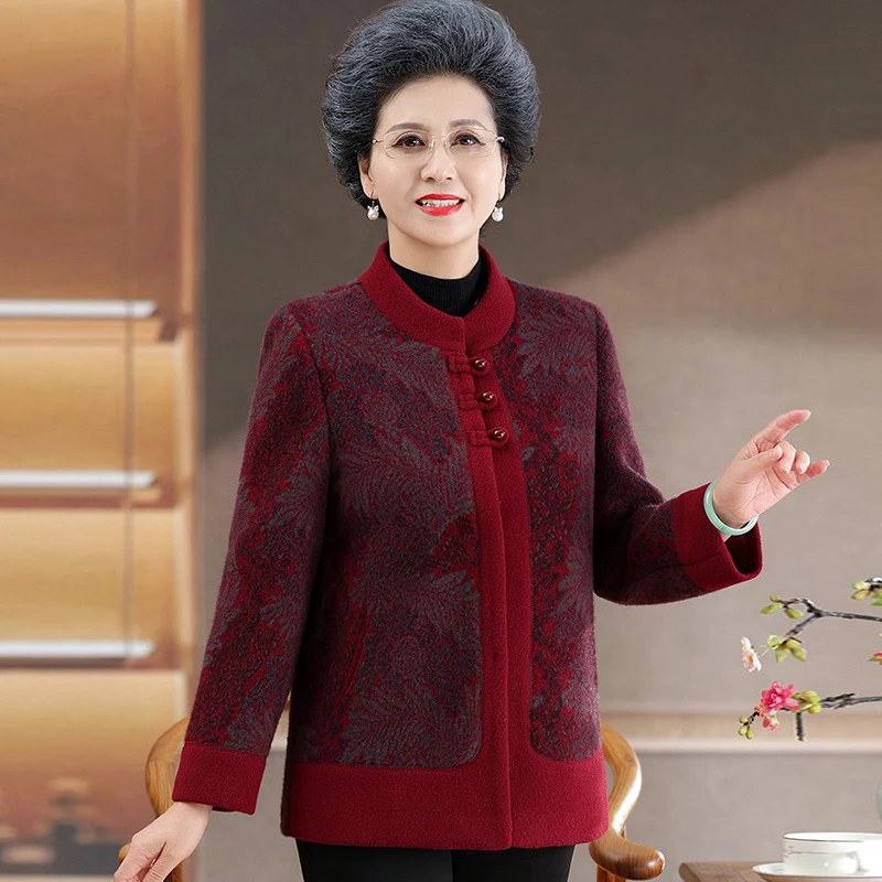 奶奶秋装呢子外套老太太秋冬唐装仿水貂绒上衣70老年妈妈喜庆衣服