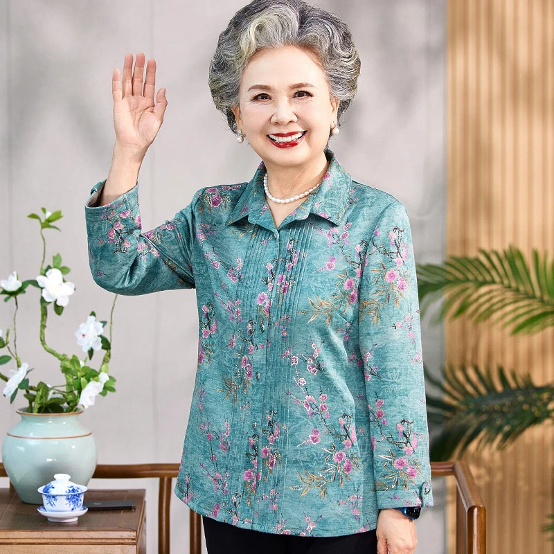 中老年妈妈秋装衬衫上衣60岁70奶奶宽松薄外套衬衣老太太衣服宽松