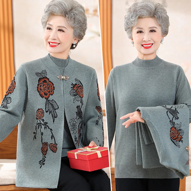 中老年人妈妈秋装两件套2024秋季新款奶奶春秋开衫套装老太太衣服