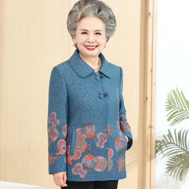 奶奶秋装呢子外套中老年人妈妈春秋宽松毛呢开衫60岁70老太太衣服