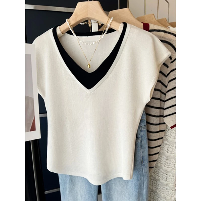 2025年夏季流行洋气宽松上衣假两件时尚流行正肩短袖t恤女上档次