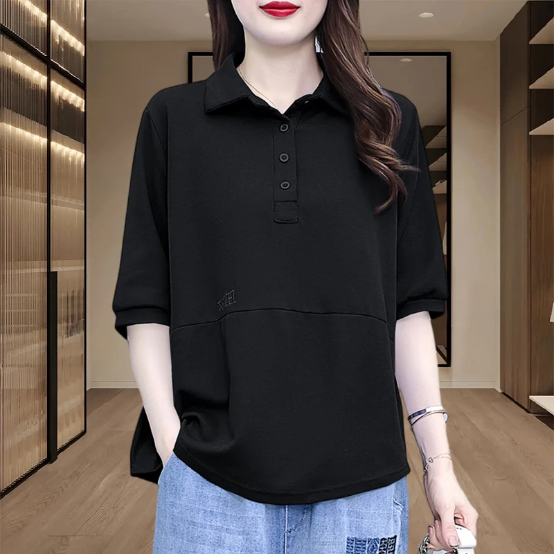 女士短袖外穿洋气爆款2025夏季新款通勤风时尚流行宽松遮肚子上衣