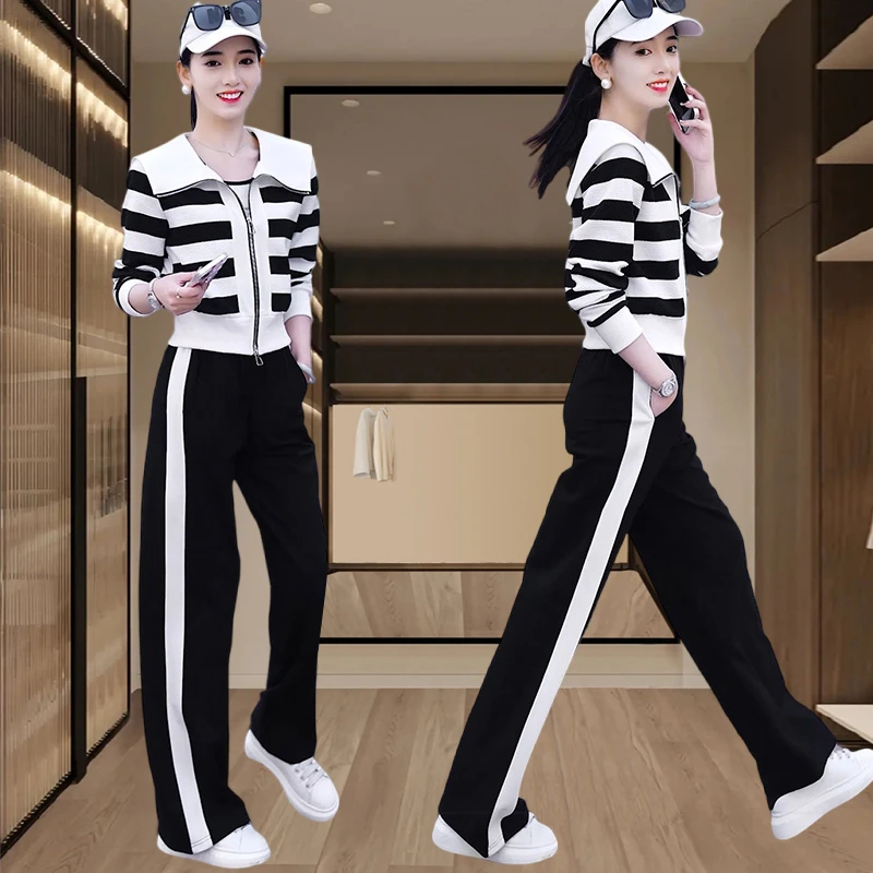条纹套装女两件套春秋款休闲运动服2024大码胖mm宽松显瘦潮流女装