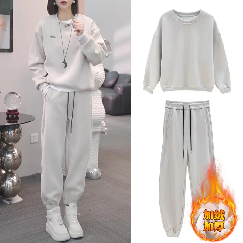加绒连帽卫衣休闲运动套装女款2025秋冬季新款时尚宽松显瘦两件套