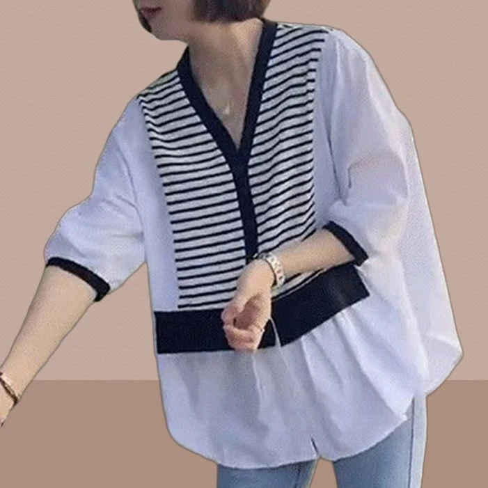 七分袖衬衫女2025新款春夏条纹拼接上档次撞色衬衣高级感韩版上衣