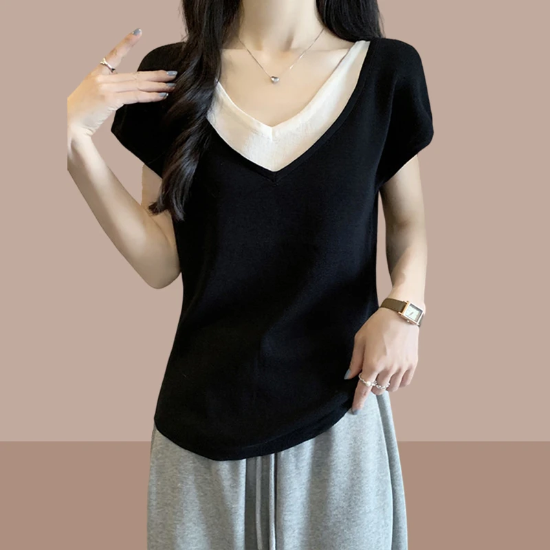 黑色v领短袖t恤女爆款2025新款夏季百搭洋气宽松上衣遮肚子藏肉款