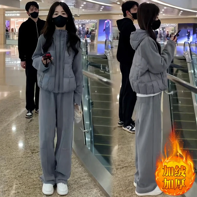 连帽拼接棉服外套时尚套装女士2026冬季新款加厚休闲裤洋气两件套