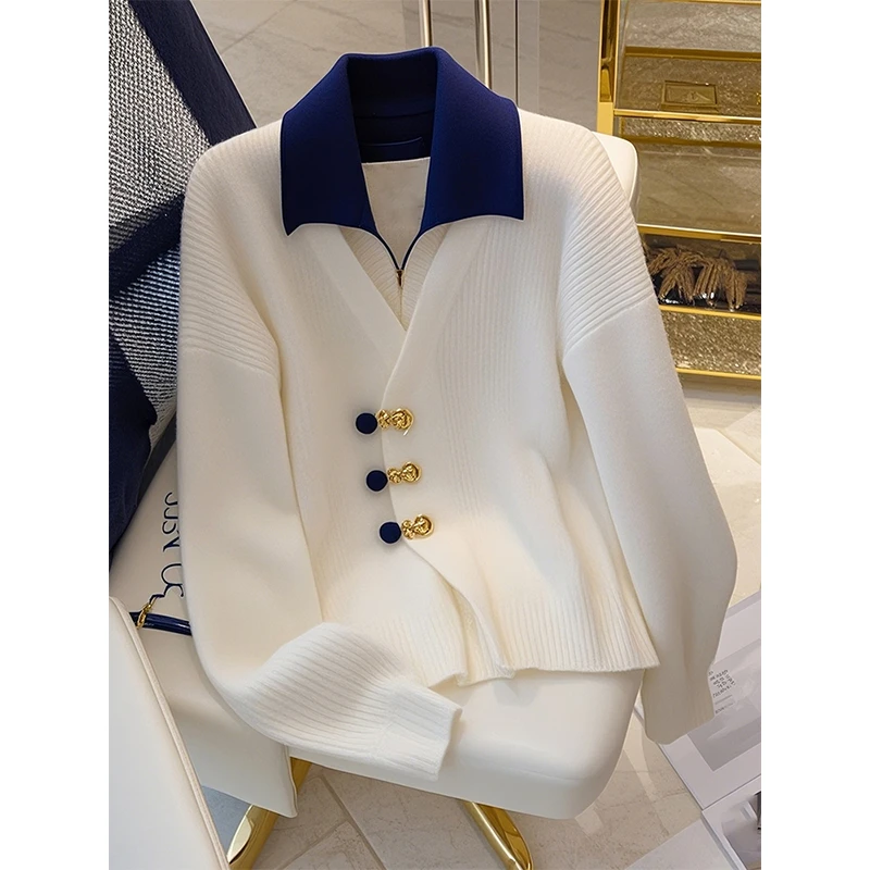 2026春秋季新款韩版设计感小个子小众时尚洋气白色假两件针织衫女