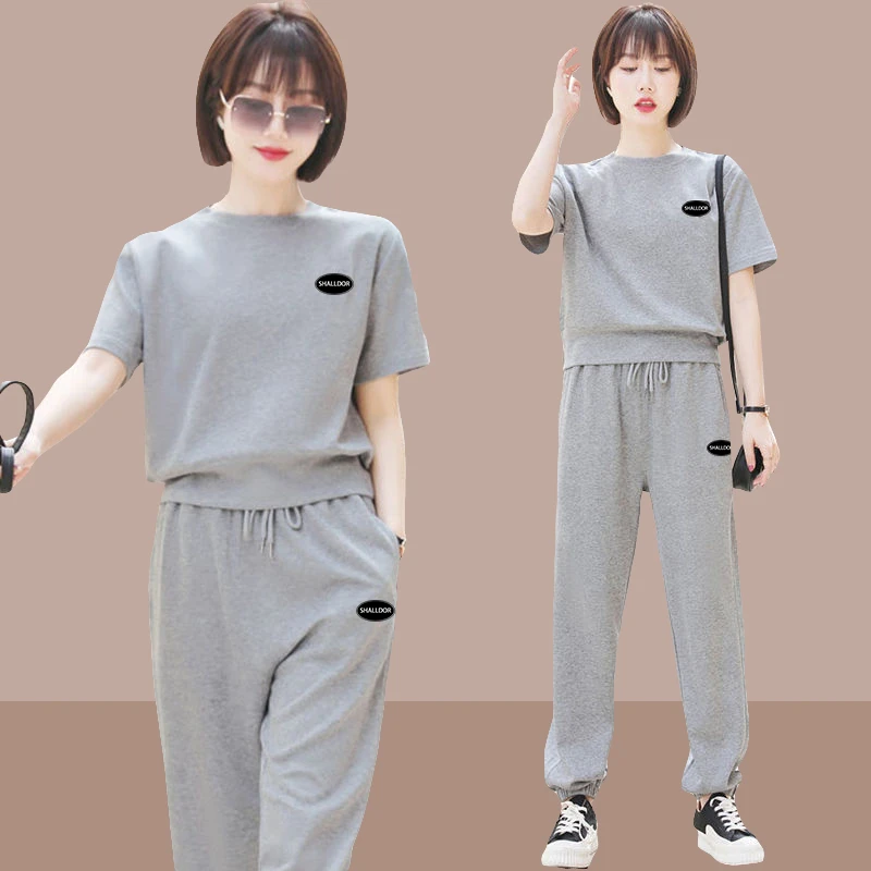 韩版运动服套装女夏2025新款大码宽松时尚短袖休闲跑步洋气两件套